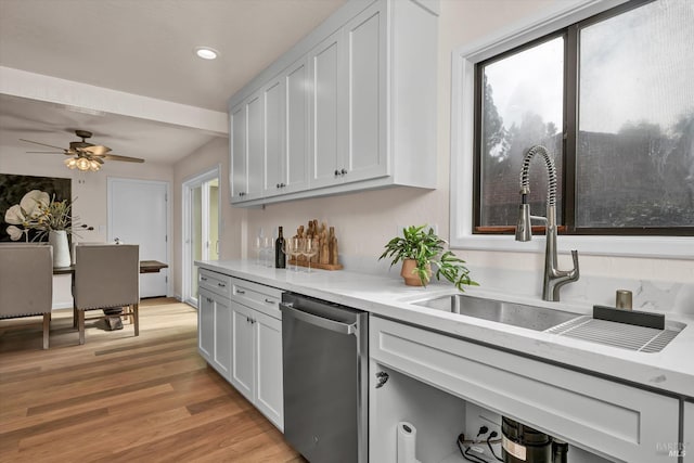 kitchen featuring a healthy amount of sunlight, light wood-type flooring, white cabinetry, and dishwasher