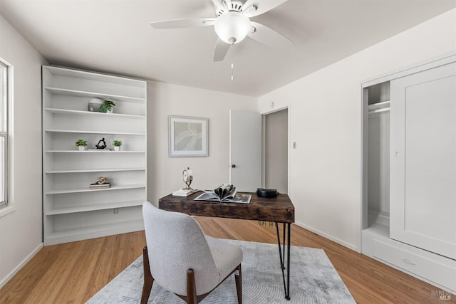 office with ceiling fan, light wood-style flooring, and baseboards