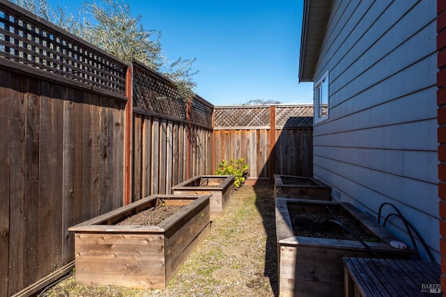 view of yard featuring a fenced backyard and a garden