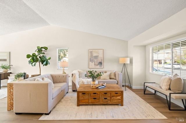 living room with lofted ceiling, a textured ceiling, plenty of natural light, and light wood-style floors