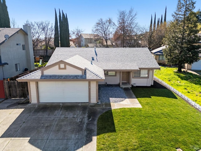 view of front of house featuring fence, a front lawn, concrete driveway, and roof with shingles