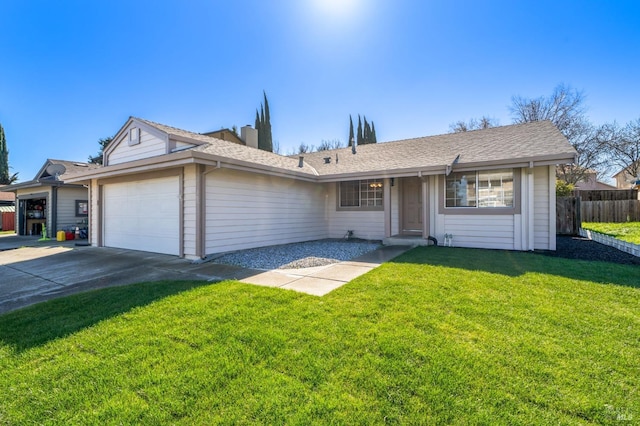 ranch-style house featuring a chimney, an attached garage, fence, driveway, and a front lawn