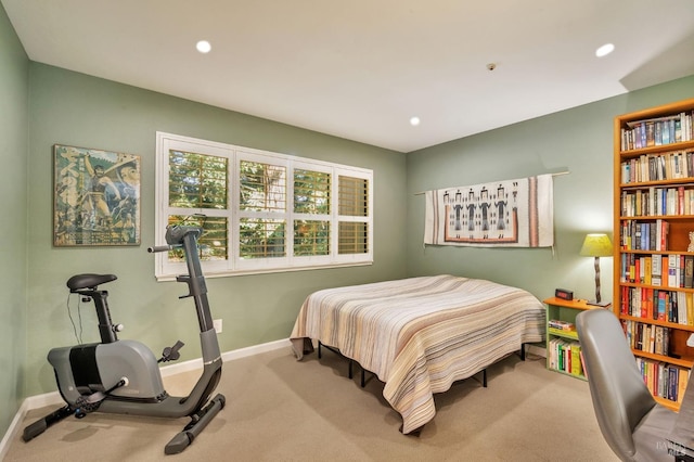 carpeted bedroom with recessed lighting and baseboards