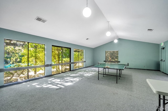 playroom with lofted ceiling, visible vents, and baseboards