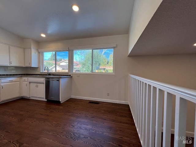 kitchen with dark wood-style floors, recessed lighting, visible vents, stainless steel dishwasher, and white cabinets