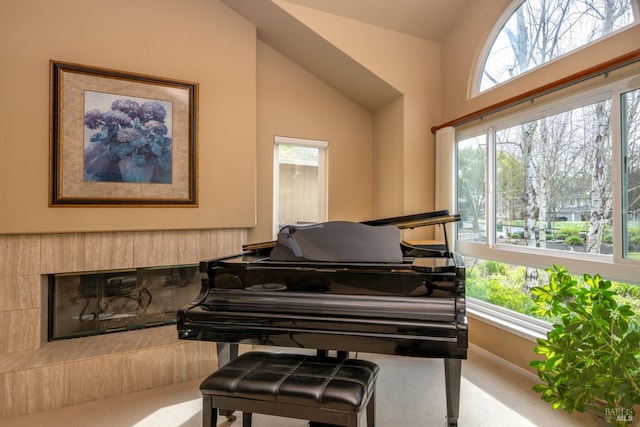 living area featuring vaulted ceiling and carpet flooring