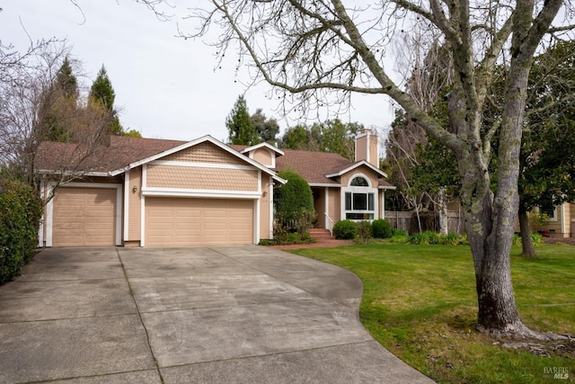 single story home with a garage, concrete driveway, a front lawn, and a chimney