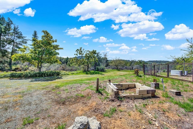 view of yard featuring fence, a vegetable garden, and a rural view