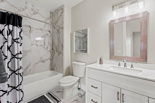 full bath with marble finish floor, vanity, toilet, and shower / bathtub combination with curtain