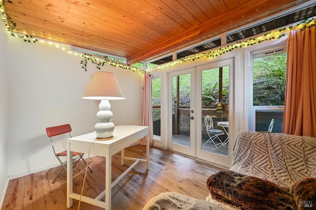 interior space with wooden ceiling, wood-type flooring, and french doors