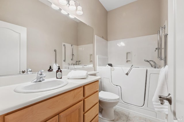bathroom featuring a garden tub, toilet, vanity, a shower, and tile patterned floors
