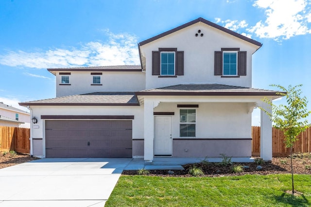 traditional-style house with a porch, a garage, concrete driveway, fence, and stucco siding