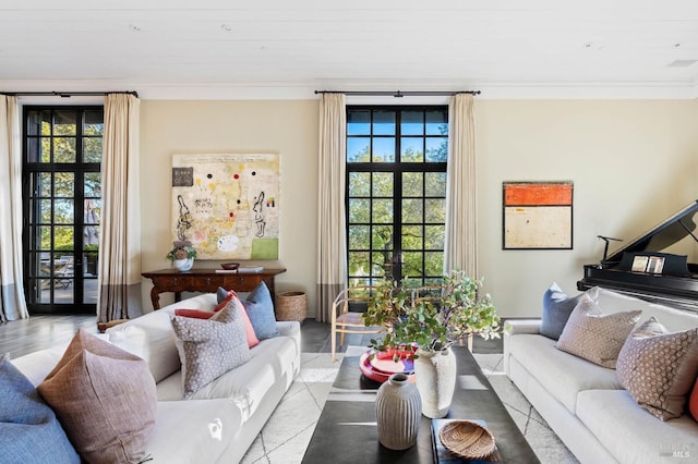 living room with french doors and crown molding