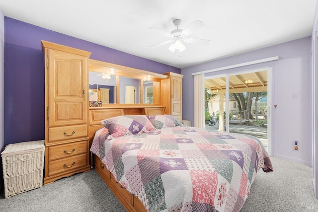 bedroom featuring light carpet, access to outside, a ceiling fan, and baseboards