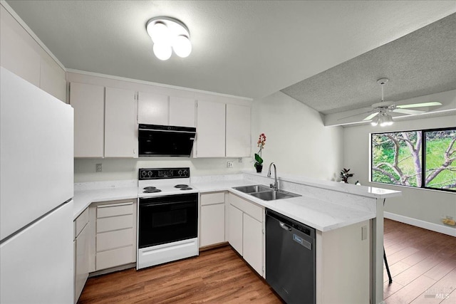 kitchen with a peninsula, electric range, freestanding refrigerator, dishwasher, and a sink
