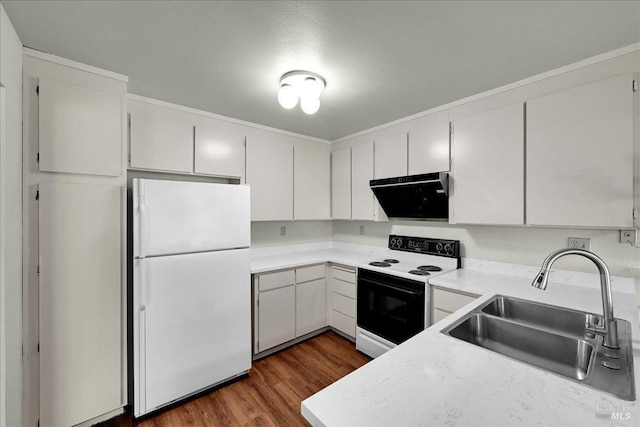 kitchen featuring light countertops, electric range, freestanding refrigerator, a sink, and ventilation hood