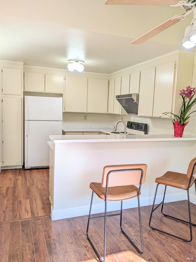 kitchen with freestanding refrigerator, light countertops, under cabinet range hood, and wood finished floors