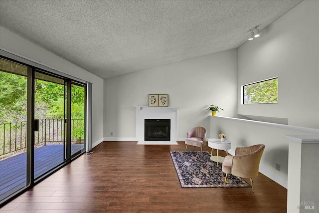 living area featuring rail lighting, a wealth of natural light, a textured ceiling, and wood finished floors