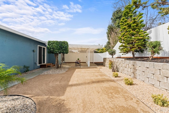 view of yard with a fenced backyard and a patio