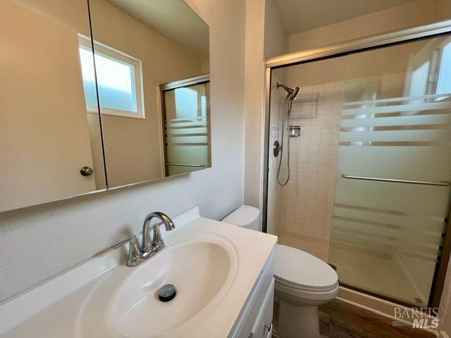 bathroom featuring toilet, a shower stall, and vanity