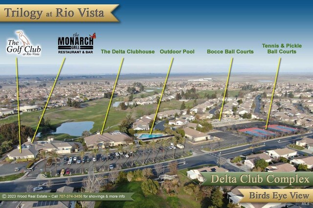 birds eye view of property with a water view and a residential view