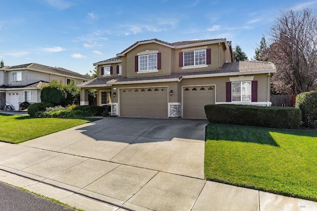 traditional-style house with an attached garage, a tile roof, concrete driveway, stucco siding, and a front lawn