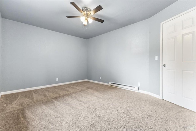 unfurnished room with baseboard heating, carpet, a ceiling fan, and baseboards