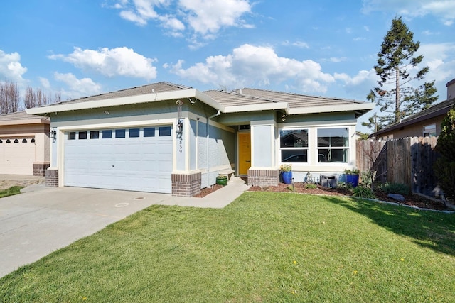 view of front facade with an attached garage, brick siding, fence, concrete driveway, and a front lawn