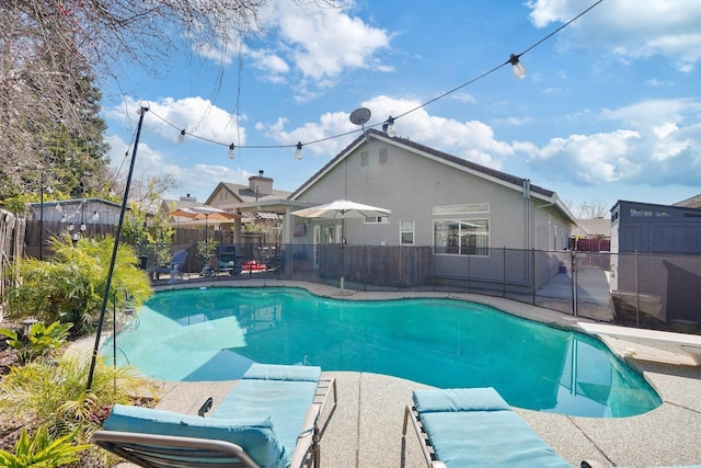 view of pool featuring a patio area, a fenced backyard, and a fenced in pool