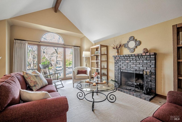 living room featuring high vaulted ceiling, a brick fireplace, wood finished floors, and beam ceiling