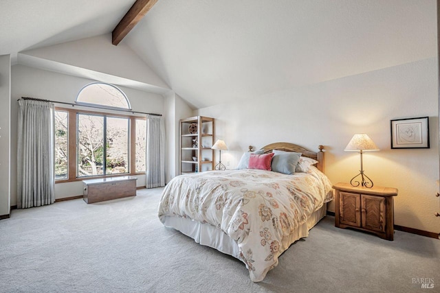 carpeted bedroom featuring high vaulted ceiling, beamed ceiling, and baseboards