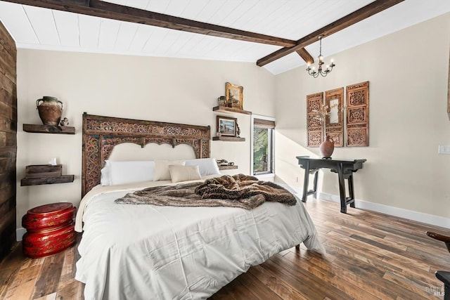 bedroom with lofted ceiling with beams, a chandelier, wooden ceiling, baseboards, and hardwood / wood-style flooring