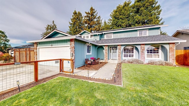 traditional home with a front yard, roof with shingles, fence, and an attached garage