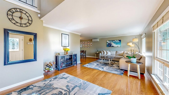 living area with crown molding, wood finished floors, and baseboards