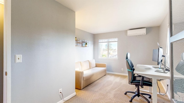 home office featuring light colored carpet, baseboards, and a wall mounted AC