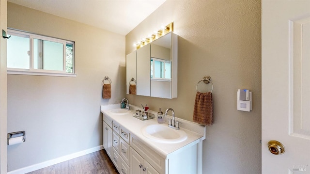 bathroom with wood finished floors, a sink, baseboards, and double vanity