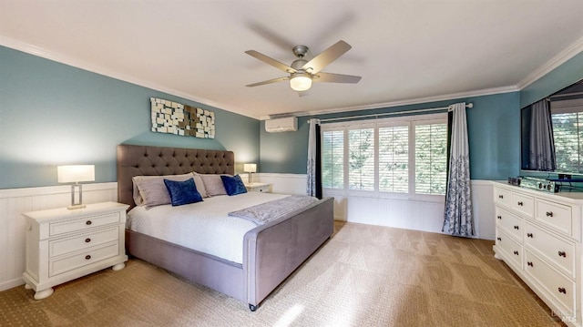 bedroom with light colored carpet, a wainscoted wall, ceiling fan, ornamental molding, and a wall mounted AC