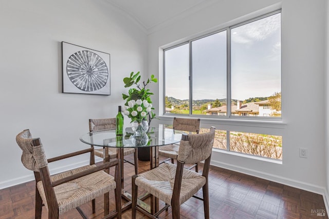 dining space with baseboards and ornamental molding