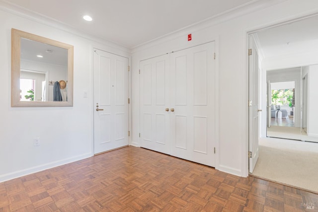 unfurnished bedroom featuring baseboards, recessed lighting, and crown molding