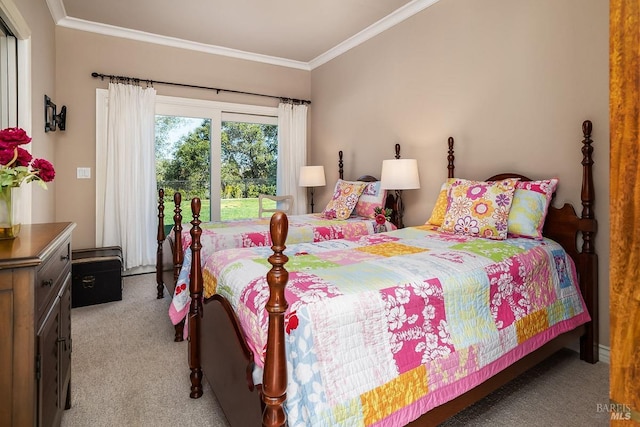 bedroom featuring ornamental molding and light carpet