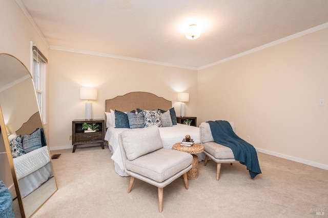 bedroom featuring light carpet, ornamental molding, and baseboards