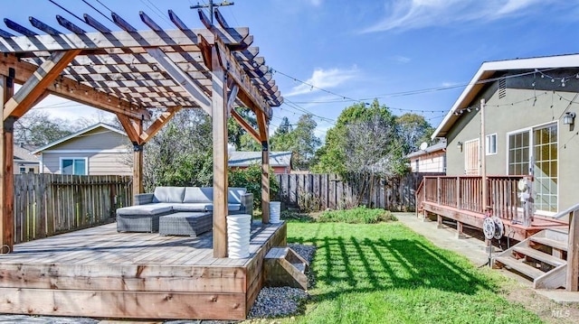 view of yard with a fenced backyard, a deck, outdoor lounge area, and a pergola