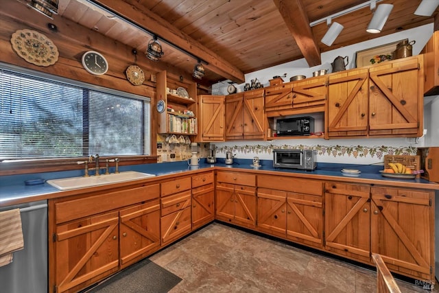 kitchen with brown cabinetry, black microwave, a sink, and stainless steel dishwasher