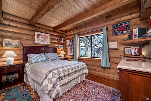 bedroom with beam ceiling, wooden ceiling, rustic walls, and wood finished floors