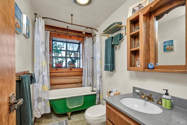 full bathroom featuring shower / bathtub combination with curtain, rustic walls, vanity, and toilet