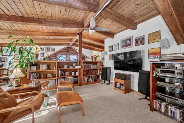 living room featuring vaulted ceiling with beams, wooden ceiling, a ceiling fan, and light colored carpet