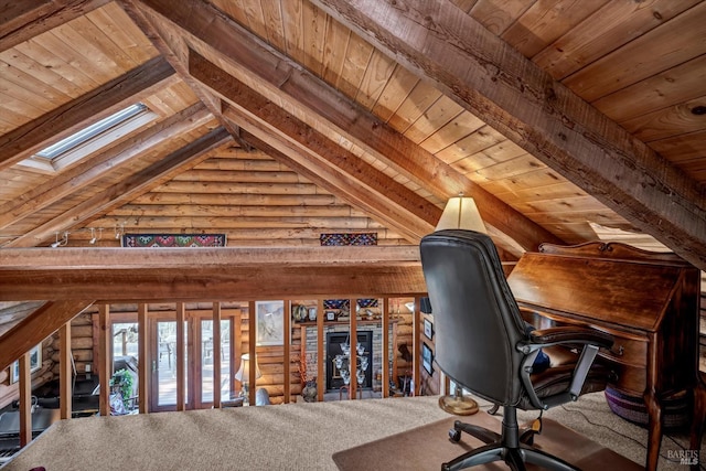 unfurnished office featuring vaulted ceiling with beams, carpet floors, and wood ceiling