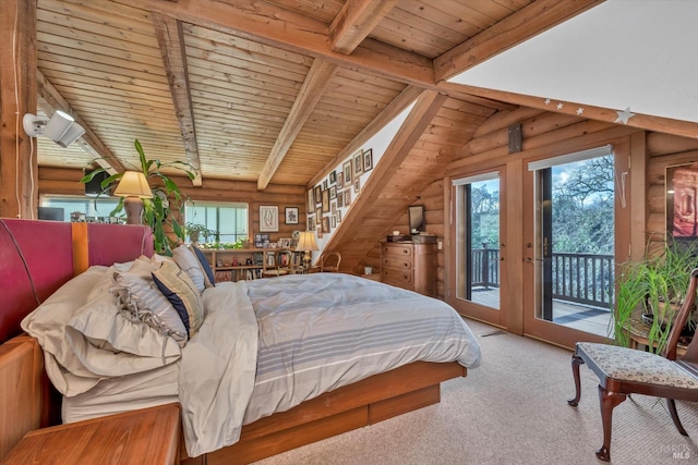 carpeted bedroom featuring wooden ceiling, access to exterior, vaulted ceiling with beams, and log walls