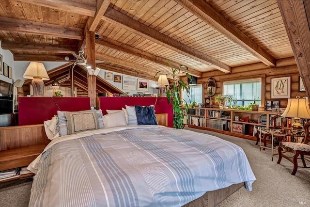 carpeted bedroom featuring rustic walls, wood ceiling, and beamed ceiling