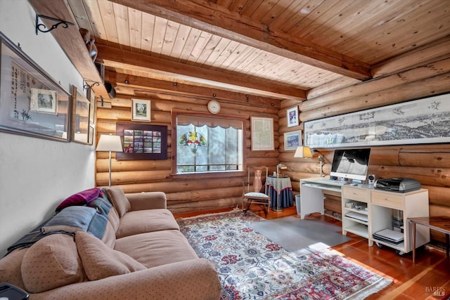 living room featuring dark wood-style floors, log walls, beamed ceiling, and wood ceiling